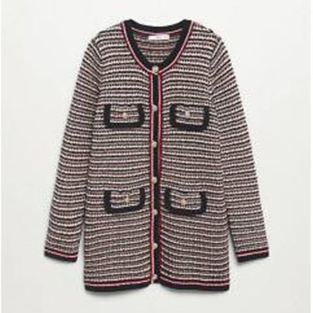 NWOT Mango Black, Red, White Button Knit Cardigan with Gold Buttons - Size L